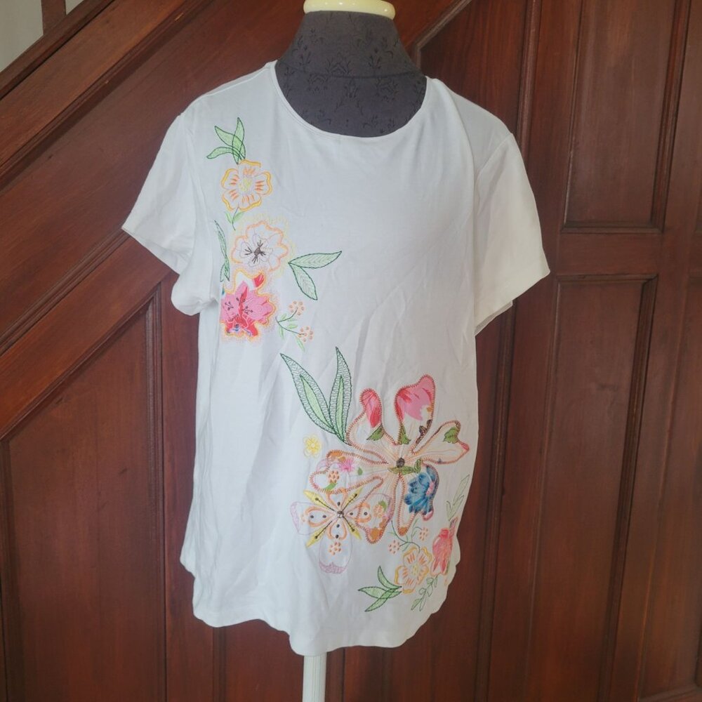 Coldwater Creek Womens White Short-Sleeve Floral Embroidered T-Shirt